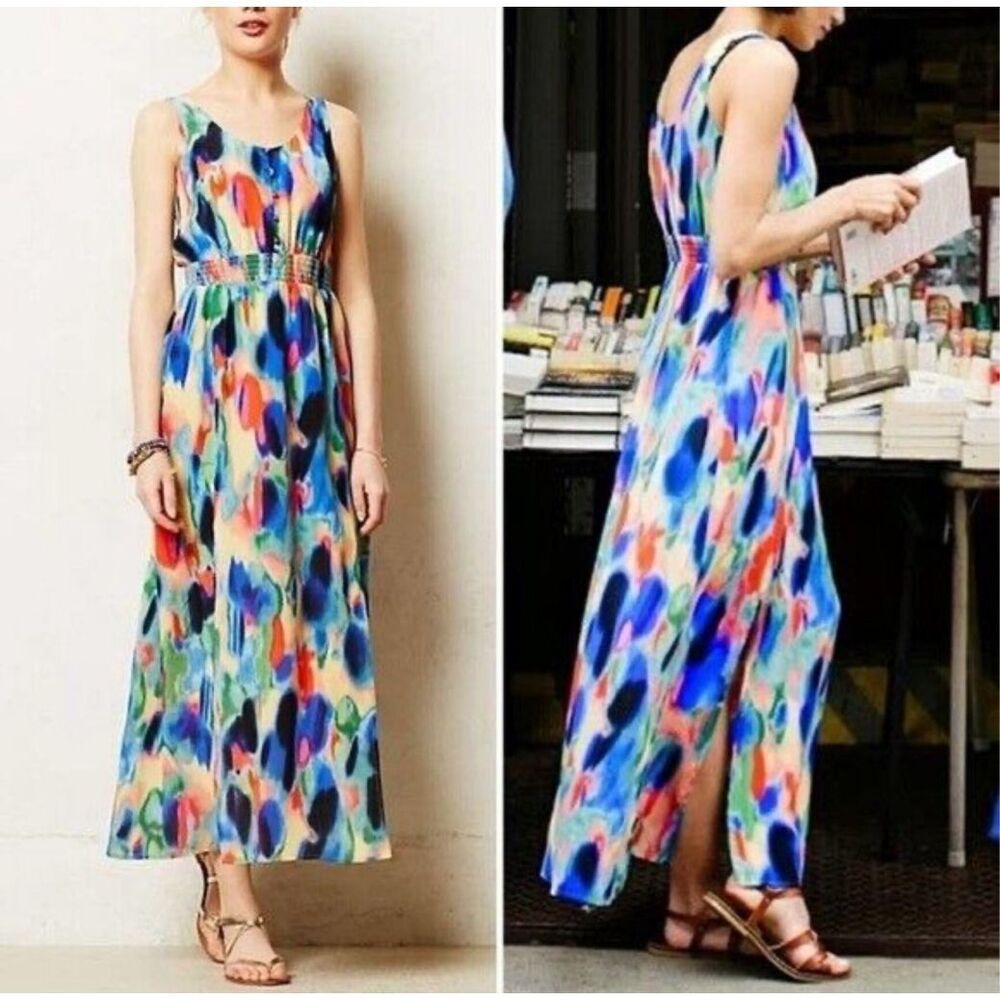 Maeve Anthropologie Multicolor Silk Sleeveless Colorful Maxi Dress Size 10